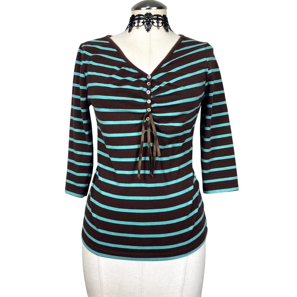 Vtg Y2K H&M Striped Ruched Henley 3/4 Sleeve Top Grunge Coquette Preppy Sz M